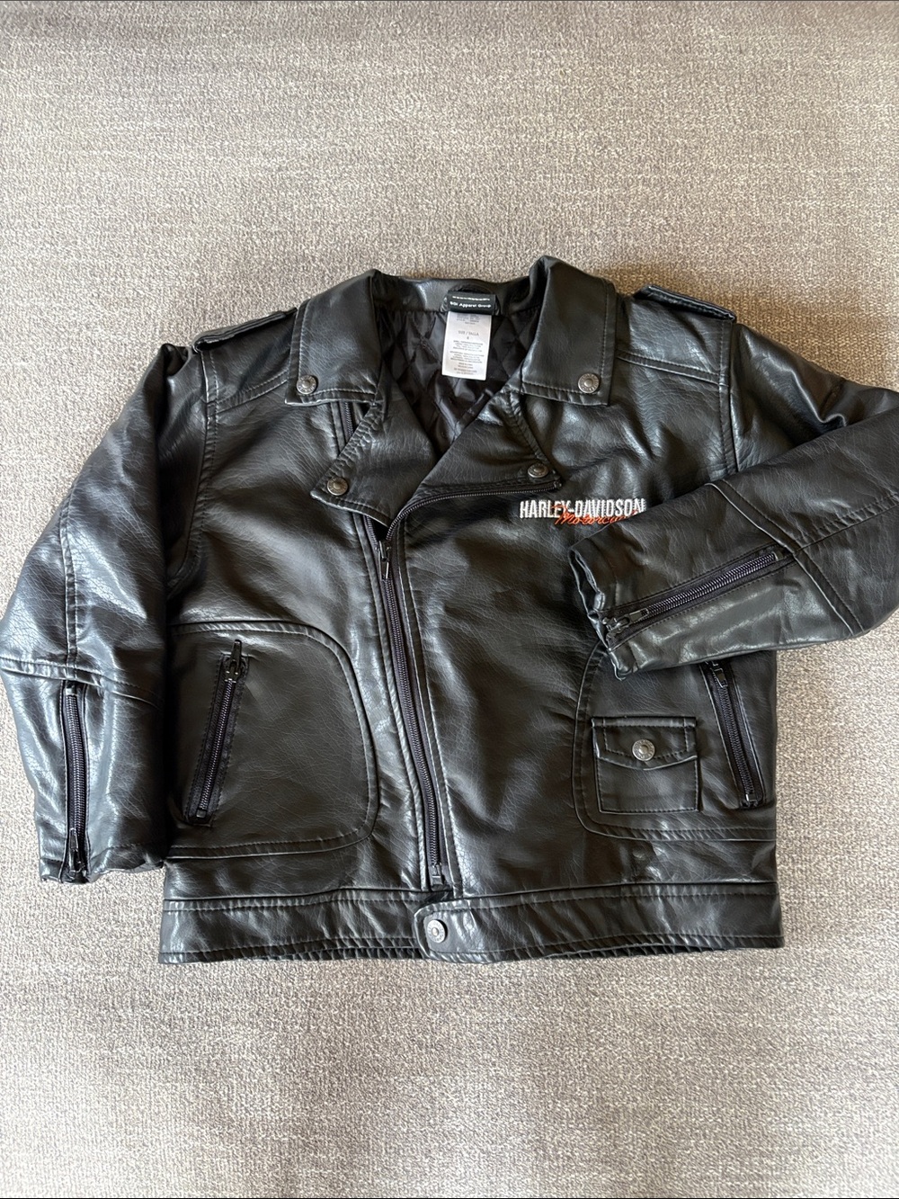 Harley Davidson Kids Black Faux Leather Motorcycle Biker Jacket with Logo Size 6